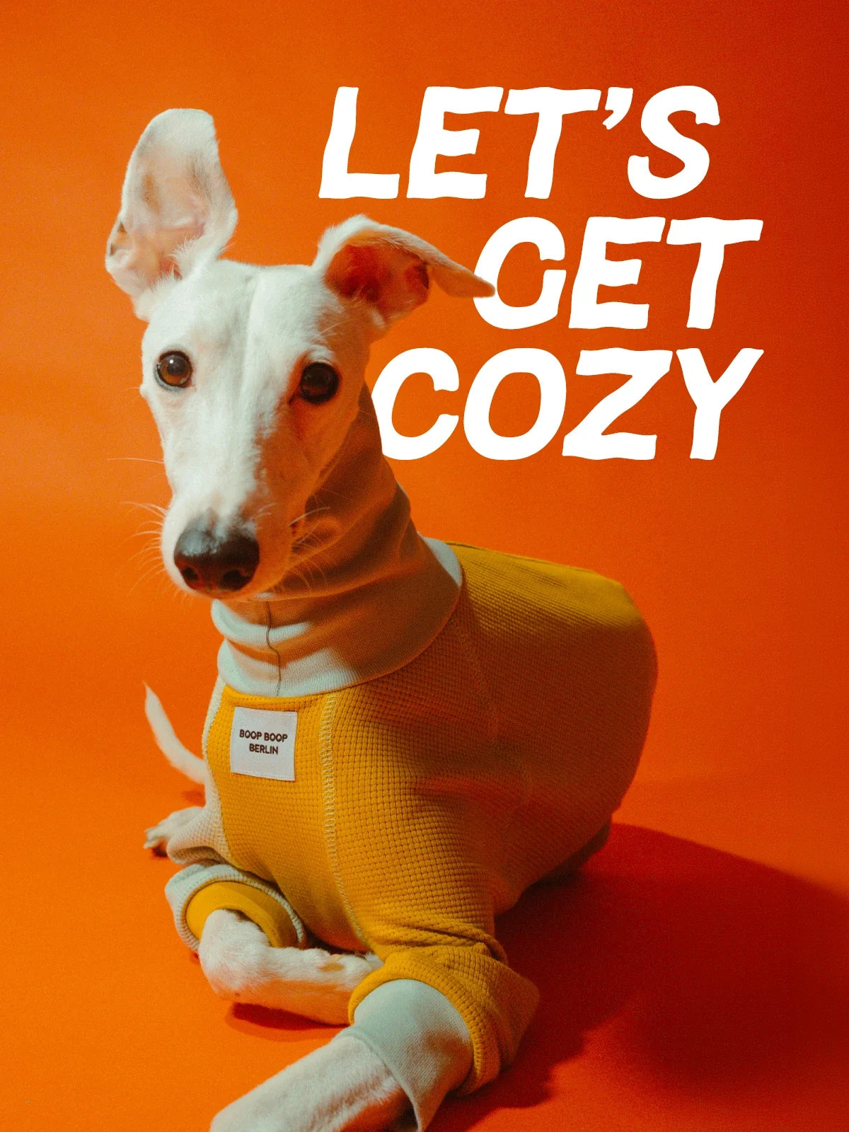 Boop Boop Berlin the Winona whippet winter onesie overall, cotton waffle stretchy fabric, machine washable, white whippet in Frutti Tutti, with texts