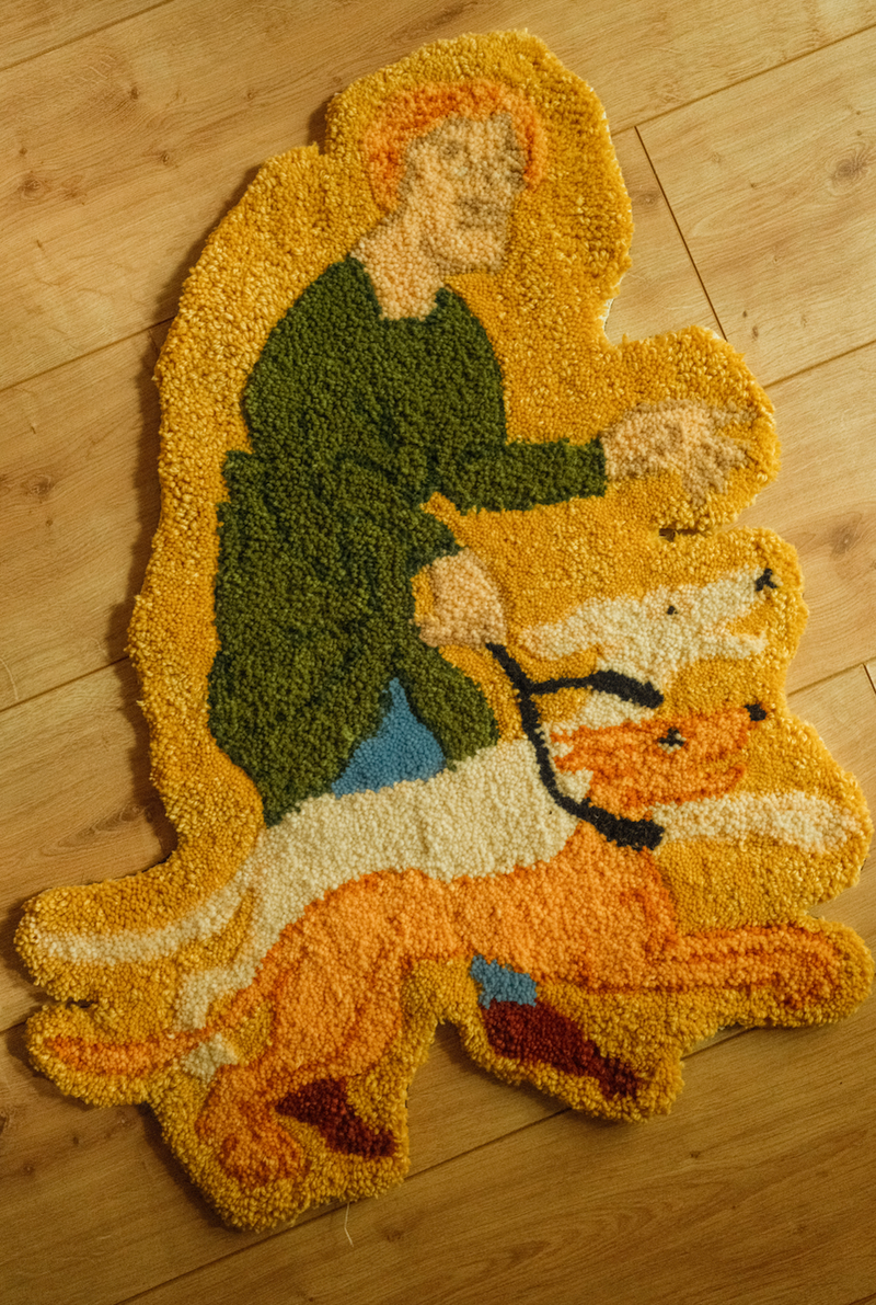 A handmade decorative rug for floor use or wall decoration of a man walking two greyhounds in a medieval setting