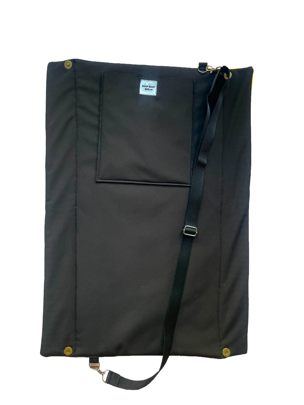Boop Boop Berlin black water-repellent dog travel bag prototype, one-size portable pet travel bag, flat outer view