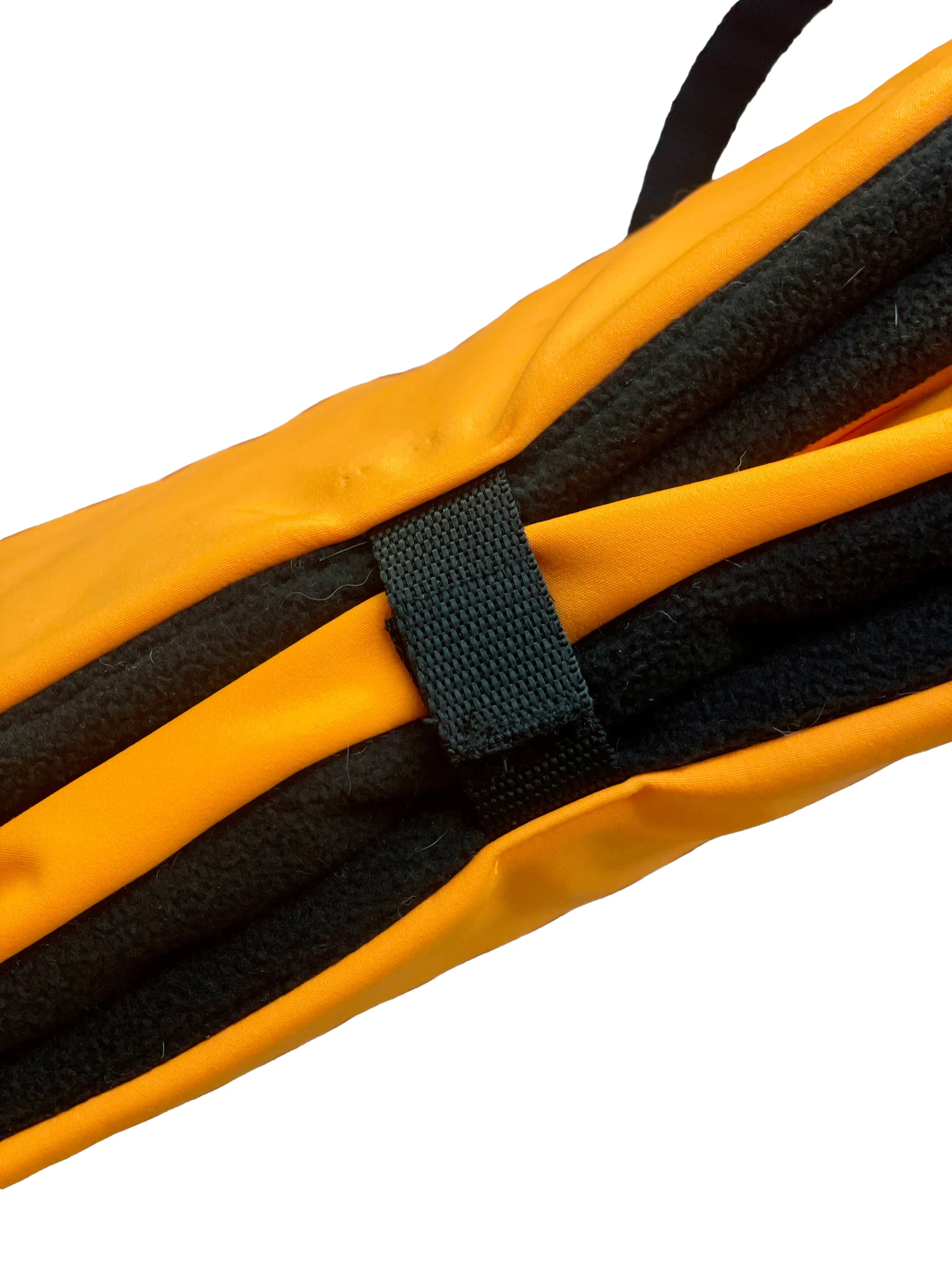 Boop Boop Berlin neon orange water-repellent dog travel bag prototype, one-size pet settle mat, folded velcro side detail