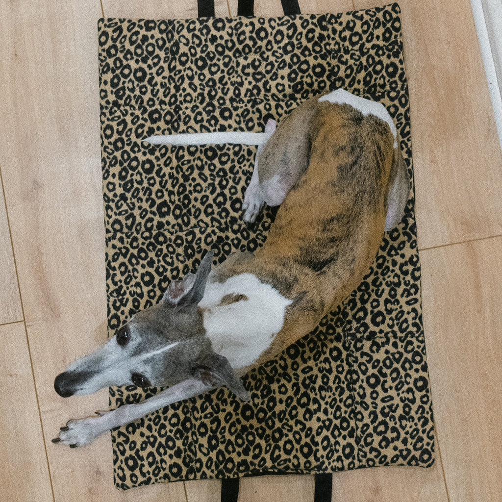 A medium sized whippet dog lies on a leopard-print fabric mat with black handles, placed on a light wood floor.