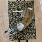 A medium sized whippet dog lies on a leopard-print fabric mat with black handles, placed on a light wood floor.