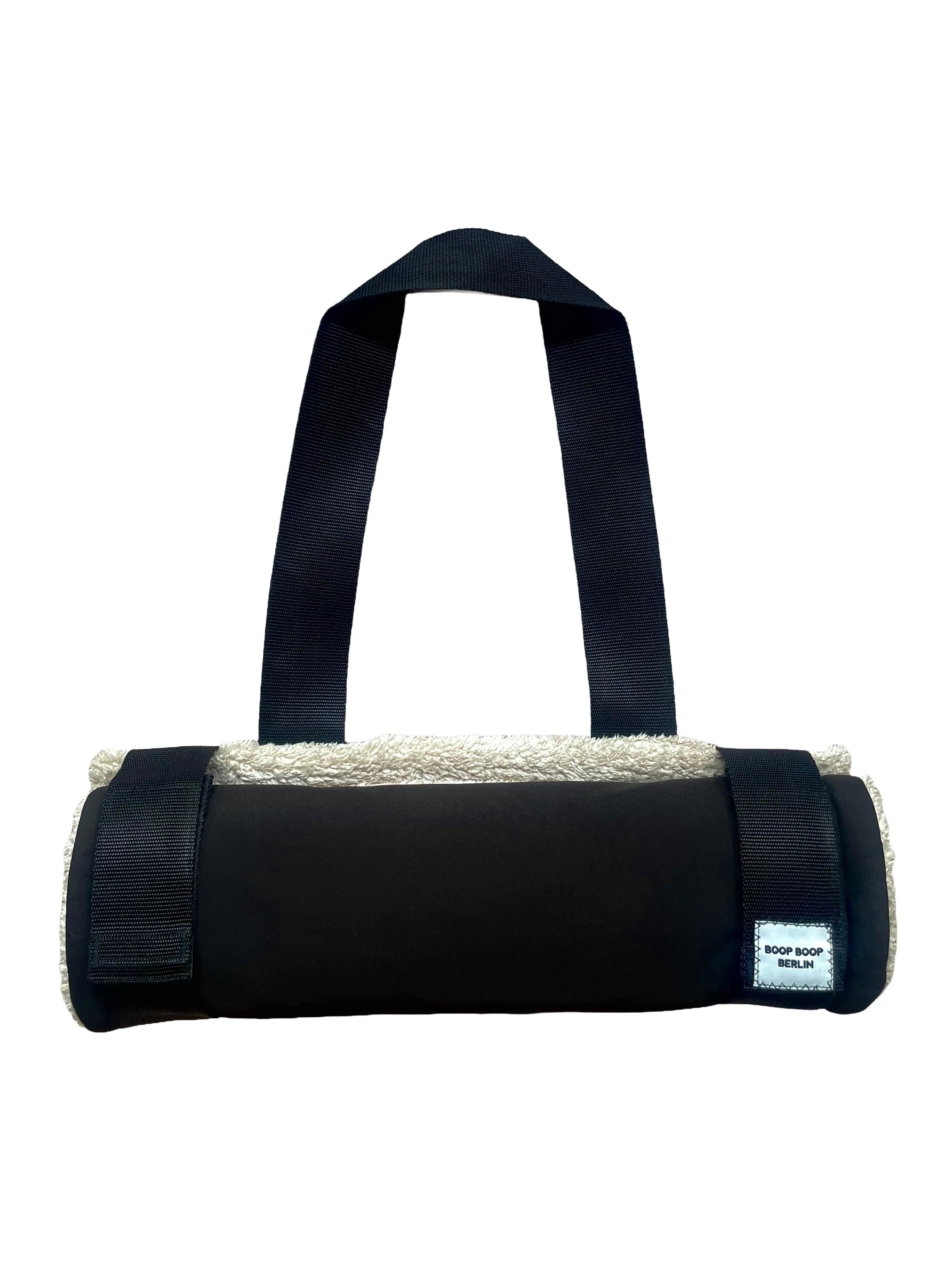 Boop Boop Berlin black water-repellent soft shell dog travel mat, one-size portable pet settle mat, roll-up view