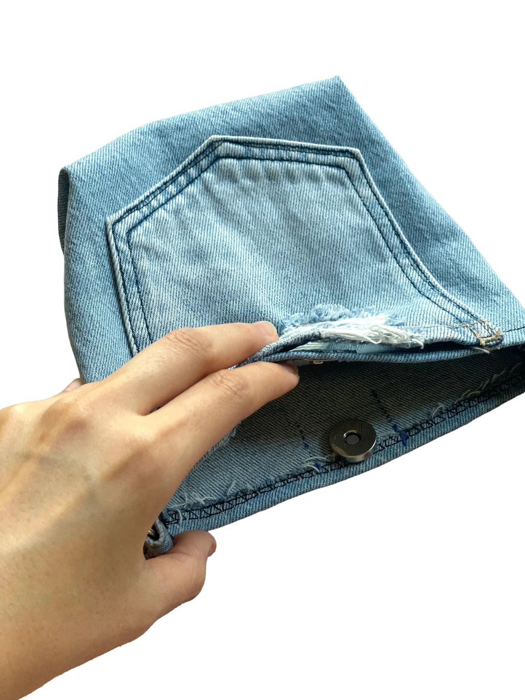 Boop Boop Berlin dog walk bag made from upcycled denim, sustainable pet walking accessory with strap, inner magnetic button view