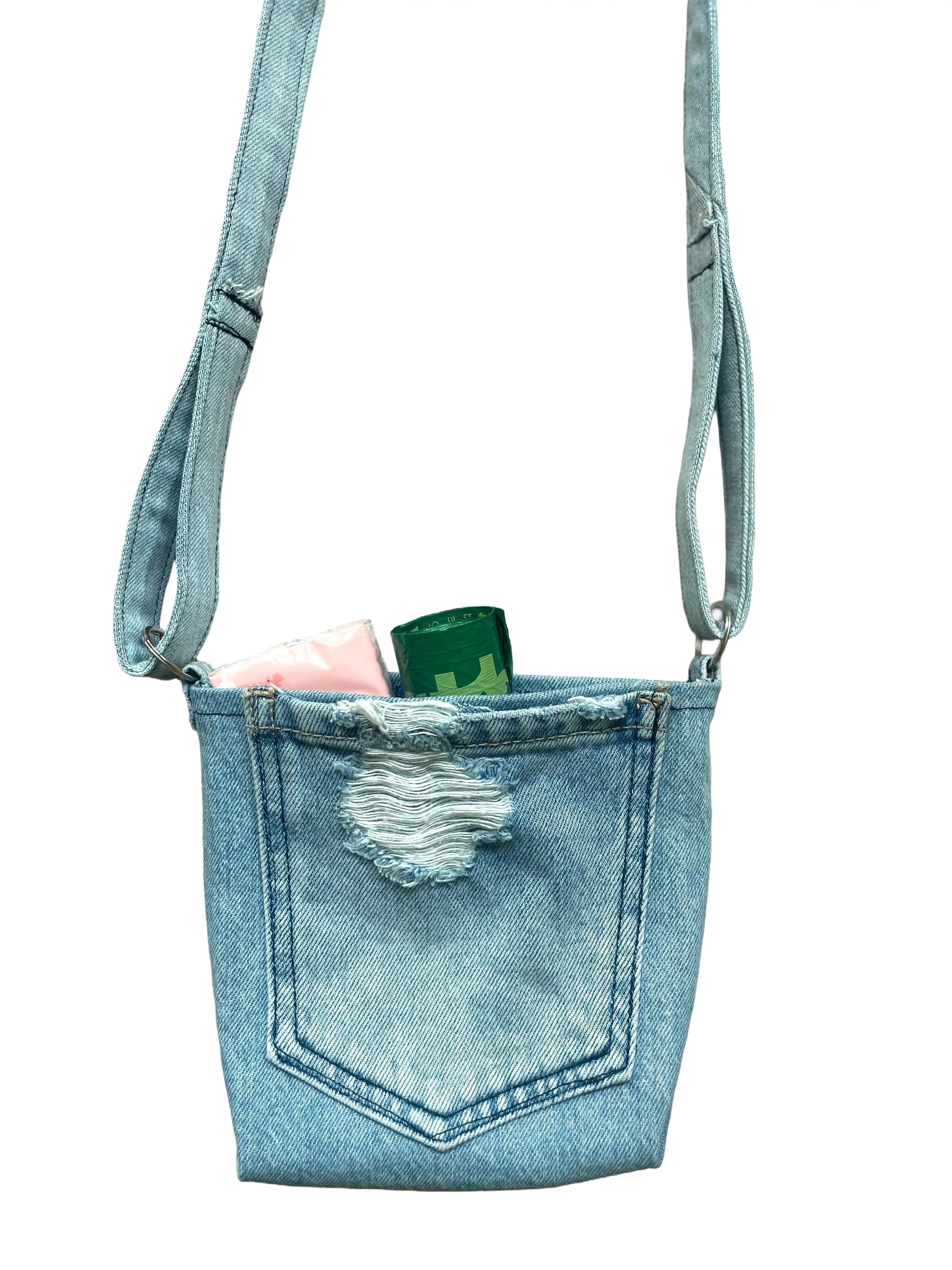 Boop Boop Berlin dog walk bag made from upcycled denim, sustainable pet walking accessory with strap, detail view