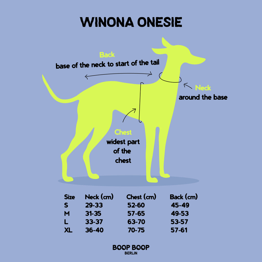 Size guide for Boop Boop Berlin Whippet Onesie dog clothes collection for better measurements and fits