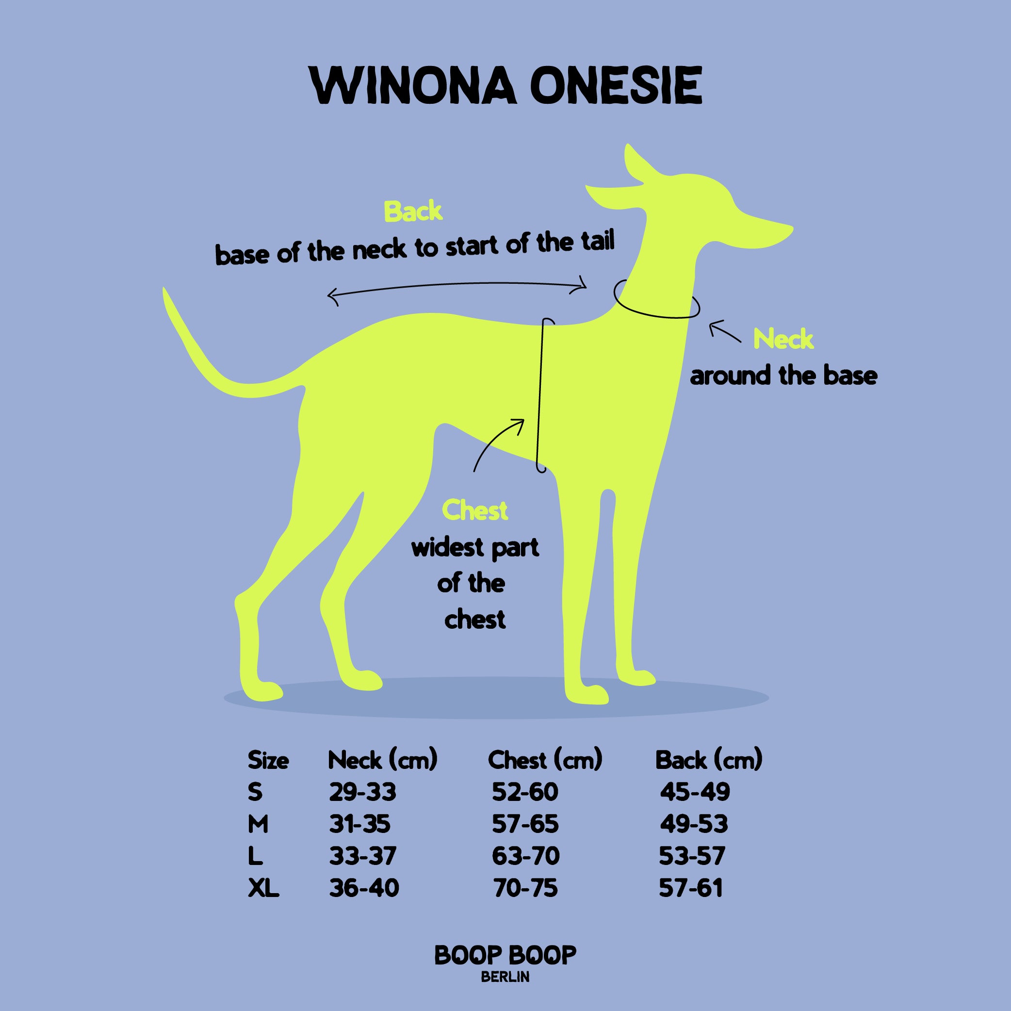Size guide for Boop Boop Berlin Whippet Onesie dog clothes collection for better measurements and fits